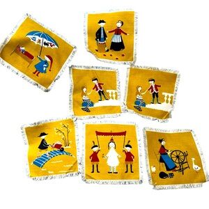 Magnificent Pennsylvania Dutch (?) print fringe trim scene coasters cock…